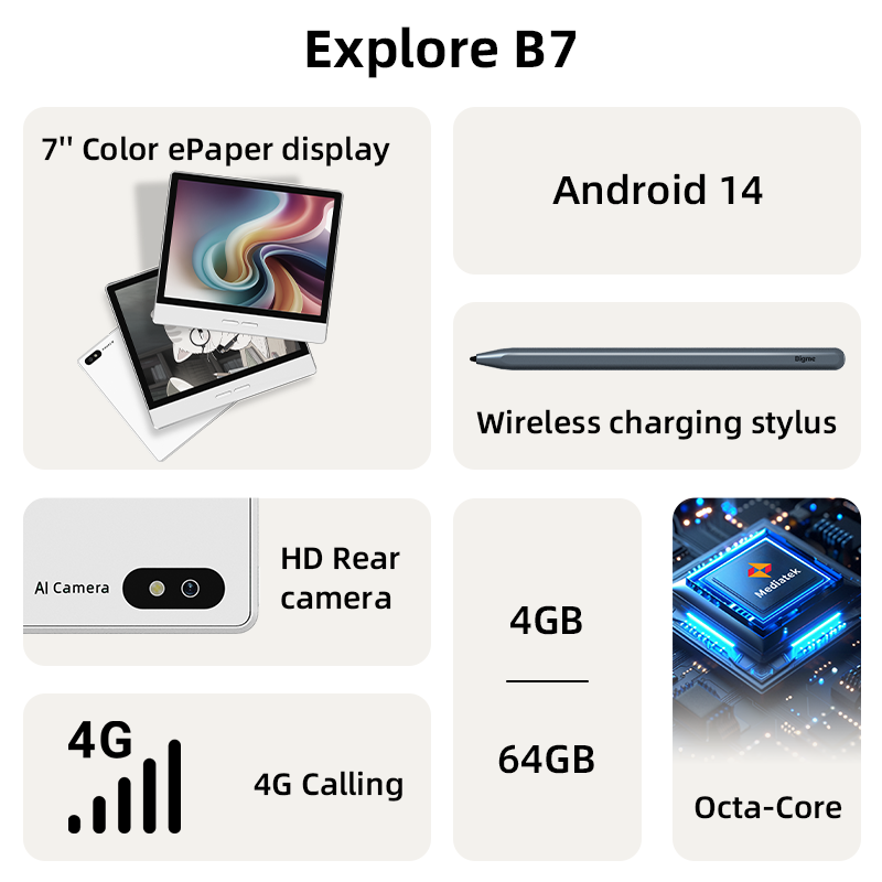 B7-4+64GB-7'' Color ePaper Tablet with 4G Calling and Android 14OS