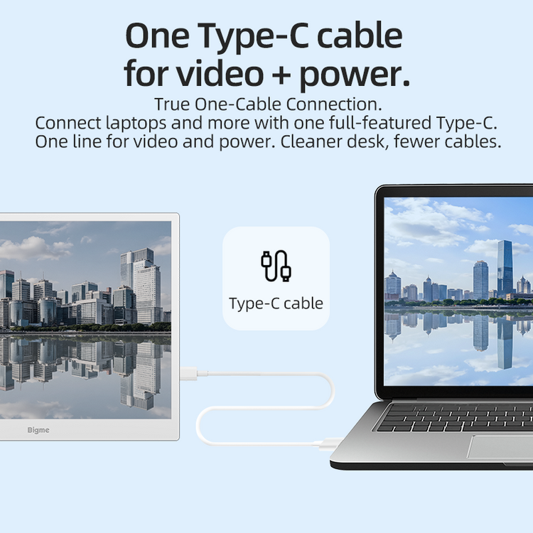 ノートPCの左右にB13 Proを置いた構成。公式画像には「36W → 15W」「低消費電力、低発熱」と書かれている