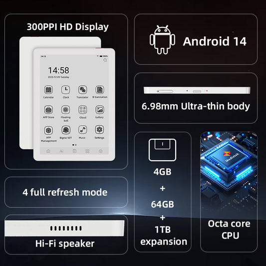 B6 Black & White 300PPI 6'' Compact Ebook Reader with Android 14OS